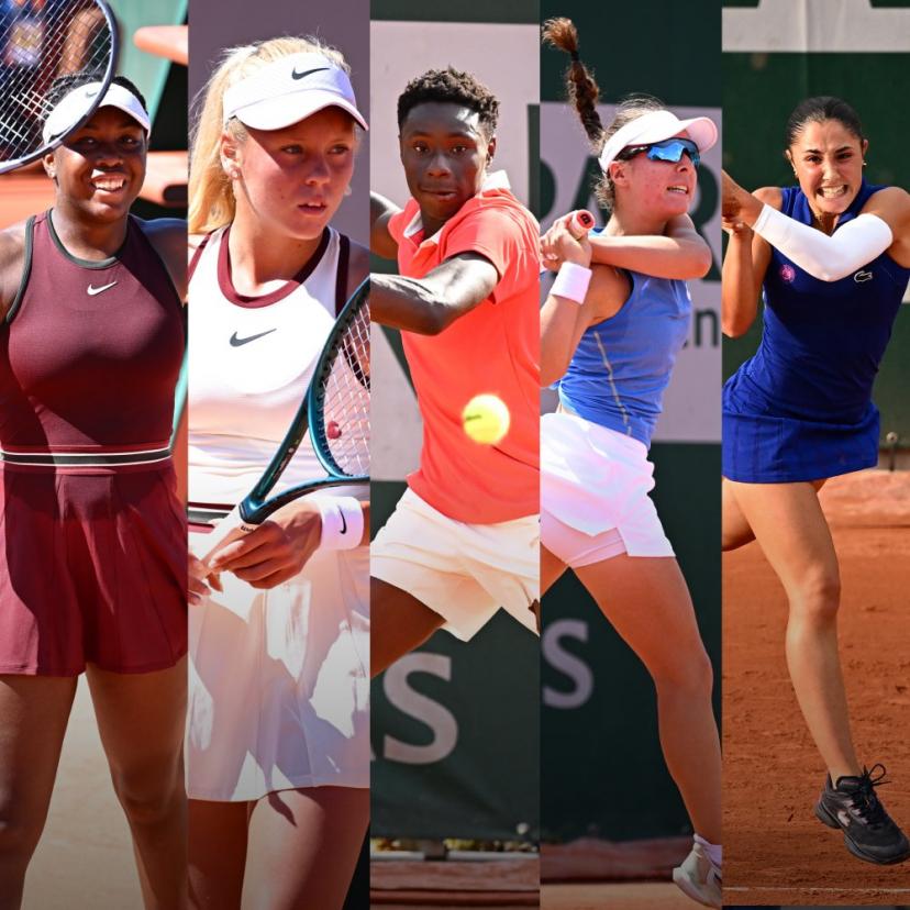 Daphnée Mpetshi Perricard, Ksenia Efremova, Moïse Kouamé, Cindy Langlais et Eleejah Inisan, mardi, lors des qualifications de Roland-Garros. (P. Lahalle/L'Équipe)