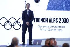 Edgar Grospiron lors de la présentation des JO 2030, en mars dernier. (E. Garnier/L'Équipe)