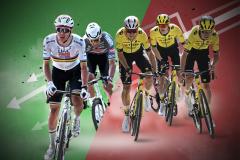 Le duel entre Pogacar et Van der Poel (tous les deux à gauche) sur cette campagne de classiques a été une réussite contrairement à la campagne de l'équipe Visma (à gauche). (Bernard Papon / L'Equipe ; Jan De Meulener / PHOTONEWS / Presse Sports)