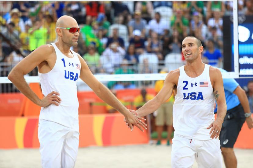 Phil Dalhausser (1), ici avec son compatriote Nicholas Lucena (2) était une terreur sur le sable. (F. Seguin/ L'Équipe)