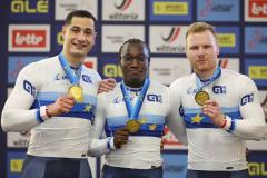 Rayan Helal, Timmy Gillion et Sébastien Vigier, champions d'Europe 2025 de poursuite par équipes. (Patrick Pichon /Fédération française de cyclisme)