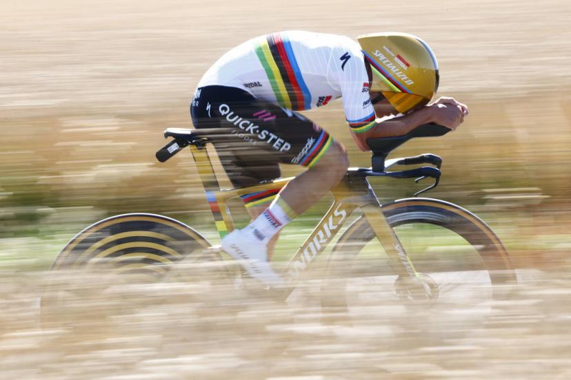 Remco Evenepoel s'est imposé mercredi lors de la 5e étape du Tour de France à Caen avec 16 secondes d'avance sur Tadej Pogacar. (Etienne Garnier /L'Equipe)