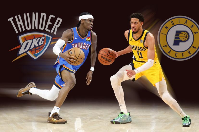 Shai Gilgeous-Alexander (Oklahoma City Thunder) et Tyrese Haliburton (Indiana Pacers), les deux stars de la finale NBA 2025. (Alonzo Adams/Imagn Images/Presse Sports ; Nathaniel S. Butler/Getty Images via AFP)
