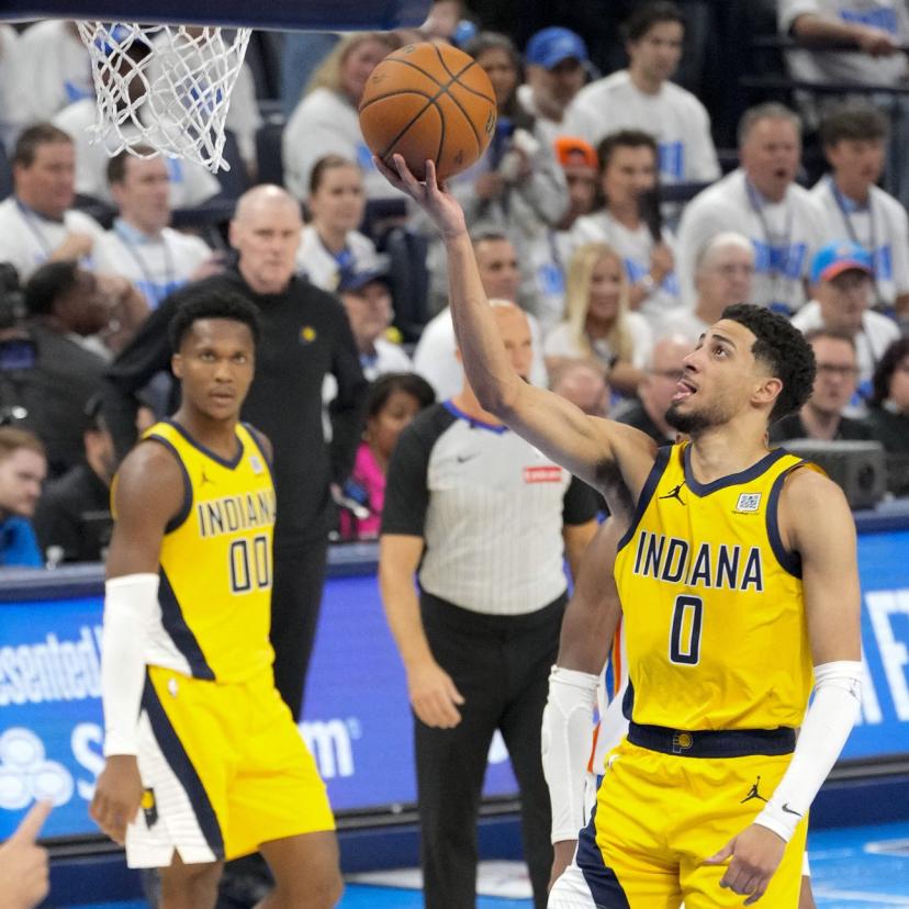 Tyrese Haliburton à l'occasion de la victoire des Pacers contre OKC lors du premier match de la finale NBA. (Kyle Terada/Imagn images via Reuters connect)